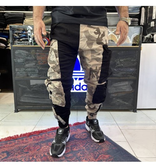 شلوار 10 جیب امیری ترکیبی مشکی و چریکی کرم